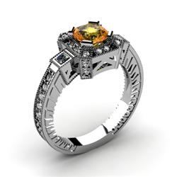 Genuine 1.48 ctw Citrine Cushion Engrave & Diamond Ring 14kt White or Yellow Gold 6.02g