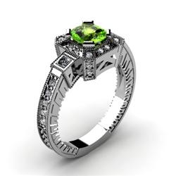 Genuine 1.50 ctw Peridot Cushion Engrave & Diamond Ring 10kt White or Yellow Gold 5.44g