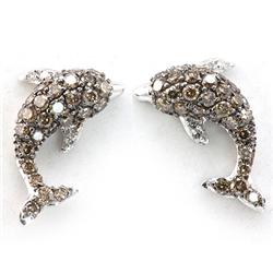 Genuine 0.94 Ctw White Diamond Dolphine Earring 14K White Gold 2.31G