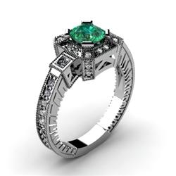 Genuine 1.48 ctw Emerald Cushion Engrave & Diamond Ring 14kt White or Yellow Gold 6.02g