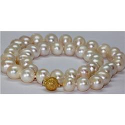 Natural 10-11mm White Freshwater Pearl Necklace 14kt W/Y Gold Matte Finished Clasp 2g