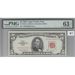 $5 1963 RED SEAL PMG UNCIRCULATED UNC 63 EPQ