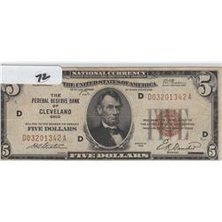 $5 FRBN **CLEVELAND*  1929 BROWN SEAL