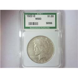 1922-D PEACE SILVER DOLLAR ANI MS63