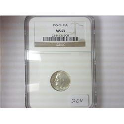 1959-D ROOSEVELT DIME NGC MS63