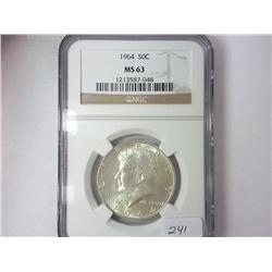 1964 90% SILVER KENNEDY HALF DOLLAR NGC MS63