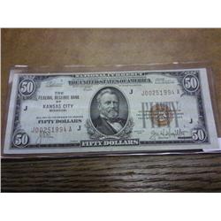 1929 US $50 NATIONAL CURRENCY BROWN SEAL