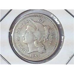 1865 THREE CENT PIECE (NICKEL) (VERY FINE)