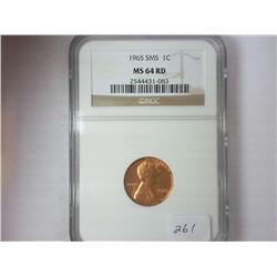 1965 SMS LINCOLN CENT NGC MS64 RD