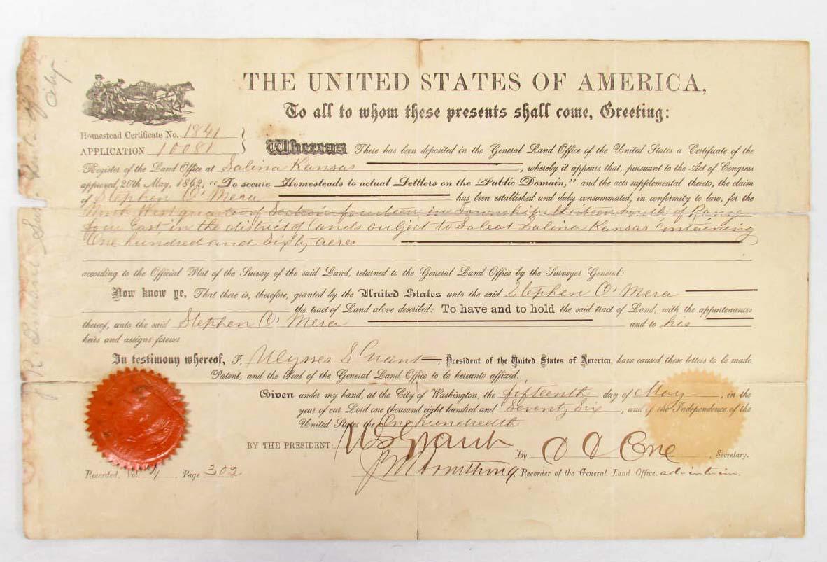 1876 UNITED STATES LAND GRANT SIGNED BY PRESIDENT GRANT'S SECRETARY