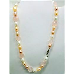 16" Rose Quartz and Rice Pearl Necklace