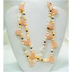 Two Strand Rose Quartz, Pearl & Swarovski Necklace