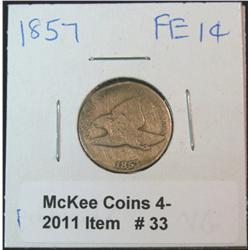 33. 1857 U.S. Flying Eagle Cent. VG-8. Multiple rim dings.