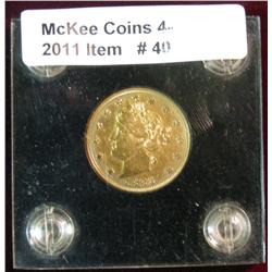 40. 1883 Gold-plated Racketeer Liberty Nickel. EF. Mounted in a