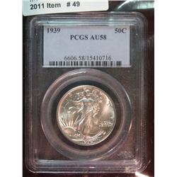 49. 1939 P Walking Liberty Half Dollar.  PCGS slabbed AU 58.