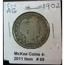 69. 1902 Philadelphia Mint Barber Half Dollar. AG-3.