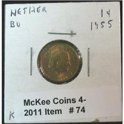 74. 1955 Netherlands One Cent Gem BU. KM 180.