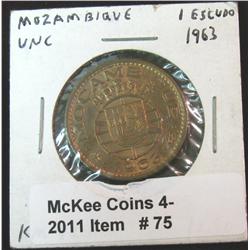 75. 1963 Mozambique One Escudo. KM82. Gem BU.