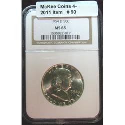 90. 1954 D Franklin Half Dollar. NGC slabbed MS 65.