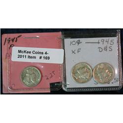 169. 1945 P, D, & S Mercury Dime. EF-AU.