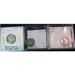 170. 1944 P, D, & S Mercury Dime. EF-AU.
