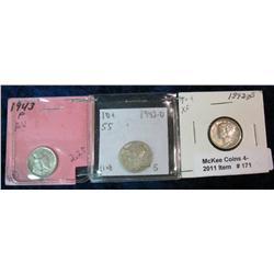 171. 1943 P, D, & S Mercury Dime. EF-AU.