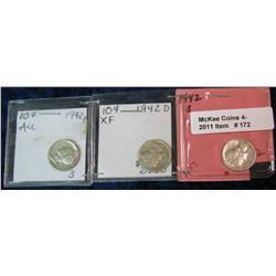 172. 1942 P, D, & S Mercury Dime. EF-AU.