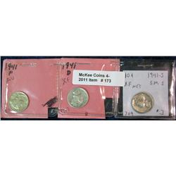 173. 1941 P, D, & S Mercury Dime. EF-AU.