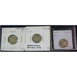 174. 1940 P, D, & S Mercury Dime. EF-AU.