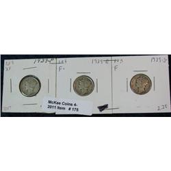 175. 1939 P, D, & S Mercury Dime. F-EF.