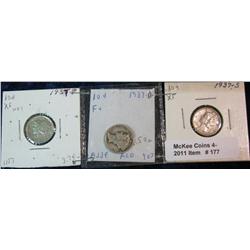 177. 1937 P, D, & S Mercury Dime. F-EF.