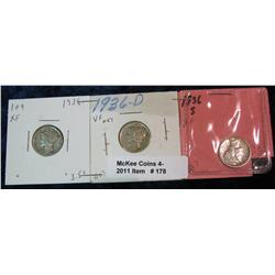 178. 1936 P, D, & S Mercury Dime. VF-EF.