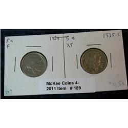 189. 1934 P F-12 & 35 S EF Buffalo Nickels.
