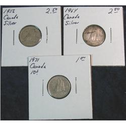 341. 1956, 64, & 71 Canada Dimes in holders. Two are Silver.