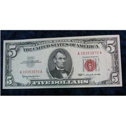 349. Series 1963 $5 U.S. Note. Red Seal. AU 50.