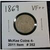 Image 1 : 352. 1869 U.S. Shield Nickel. Cleaned. VF Details.