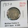 380. 1917 D Buffalo Nickel. VG-8. Semi-Key.