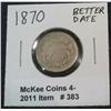 Image 1 : 383. 1870 U.S. Shield Nickel. Better date.