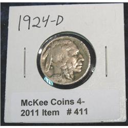411. 1924 D Buffalo Nickel. G-4.