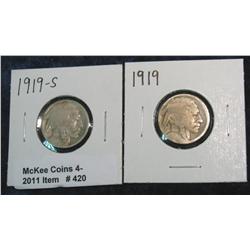420. 1919 P & 19 S Buffalo Nickels.