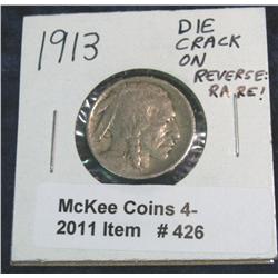 426. 1913 P Type One Buffalo Nickel with large reverse die crack.