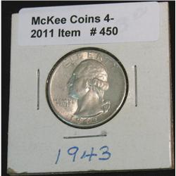 450. 1943 P Washington Quarter. AU 50.
