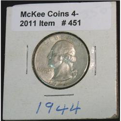 451. 1944 P Washington Quarter. AU 50.