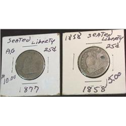 452. 1858 P Holed & 1877 AG Seated Liberty Quarters.