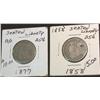 452. 1858 P Holed & 1877 AG Seated Liberty Quarters.