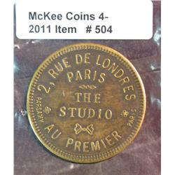 504. "Agnella" Brass Token. "2, Rue de Londres/Paris/The/Studio