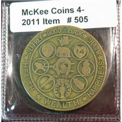 505. "Kill the Jinx" Good Luck Medal. Quite Old. Brass. Holed. 35mm.