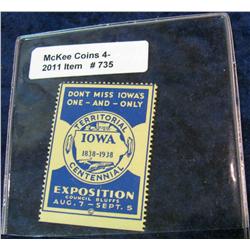 735. 1838-1938 Territorial Centennial Exposition Stamp. Mint. Uncancelled.