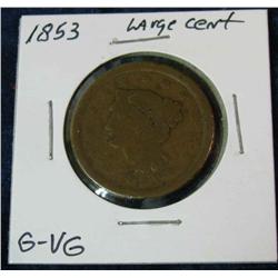 1054. 1853 US Large Cent. G-VG.