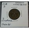 1120. 1938D Germany 2-Reichspfennigs. Choice AU.